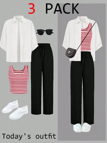 Luneh Square Neck Fitted Crop Top With Elastic Waist Bowknot Belt And Wide-Leg Pants + Vintage Leopard Print Button-Up Shirt