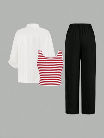 Luneh Square Neck Fitted Crop Top With Elastic Waist Bowknot Belt And Wide-Leg Pants + Vintage Leopard Print Button-Up Shirt