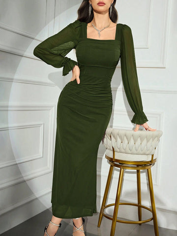 Modely Women's Solid Color Mesh Contrast Long Sleeve Casual Dress