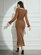 Modely Women's Solid Color Mesh Contrast Long Sleeve Casual Dress shein