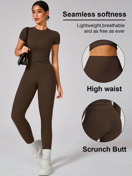 2pcs Women Soft Moisture Wicking Crew Neck Short Sleeve Top And Elastic Yoga Sports Pants