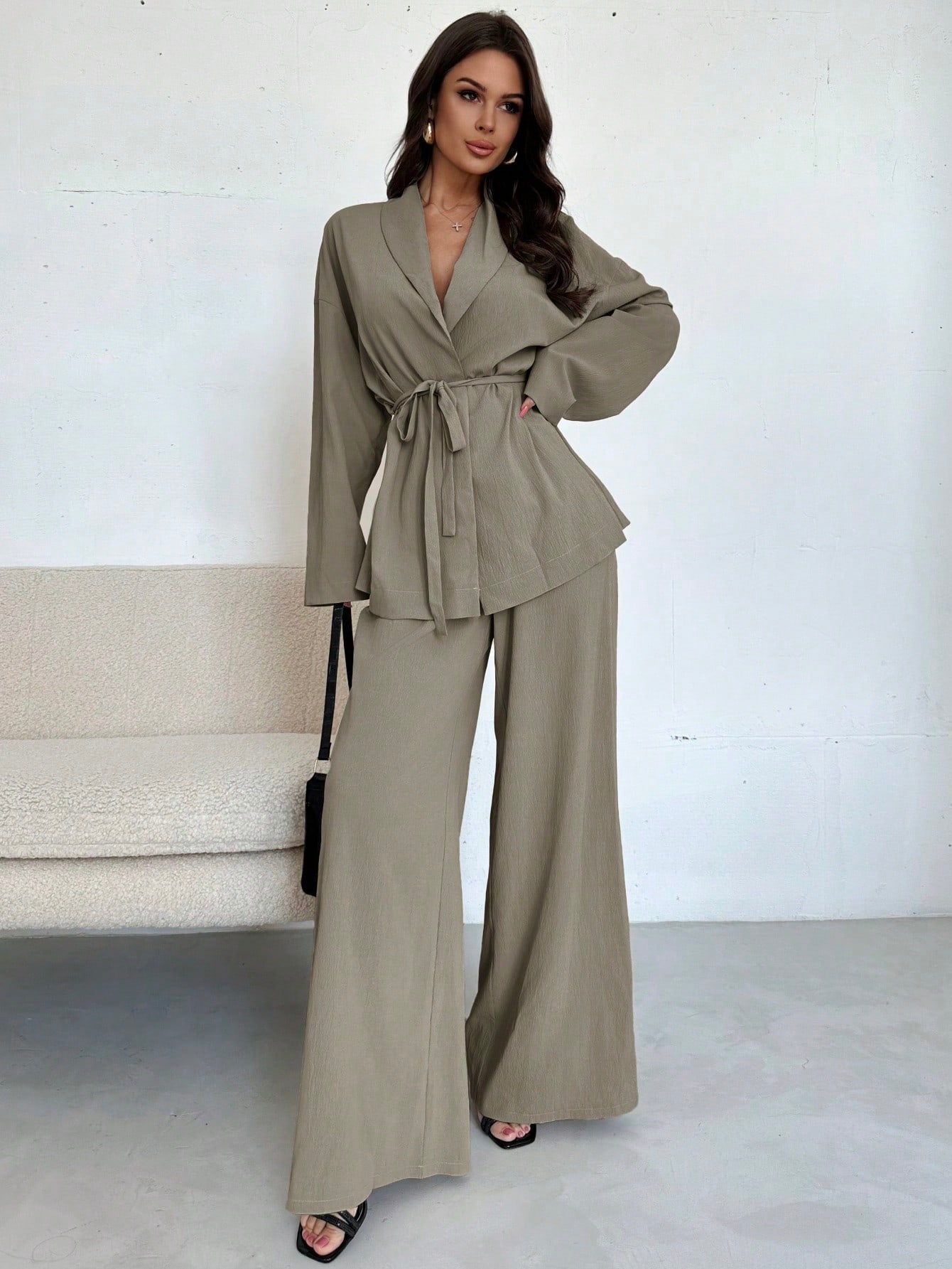 Women Collar Tie Waist Loose Shacket With High Waist Soft Pants shein