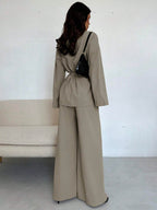 Women Collar Tie Waist Loose Shacket With High Waist Soft Pants shein