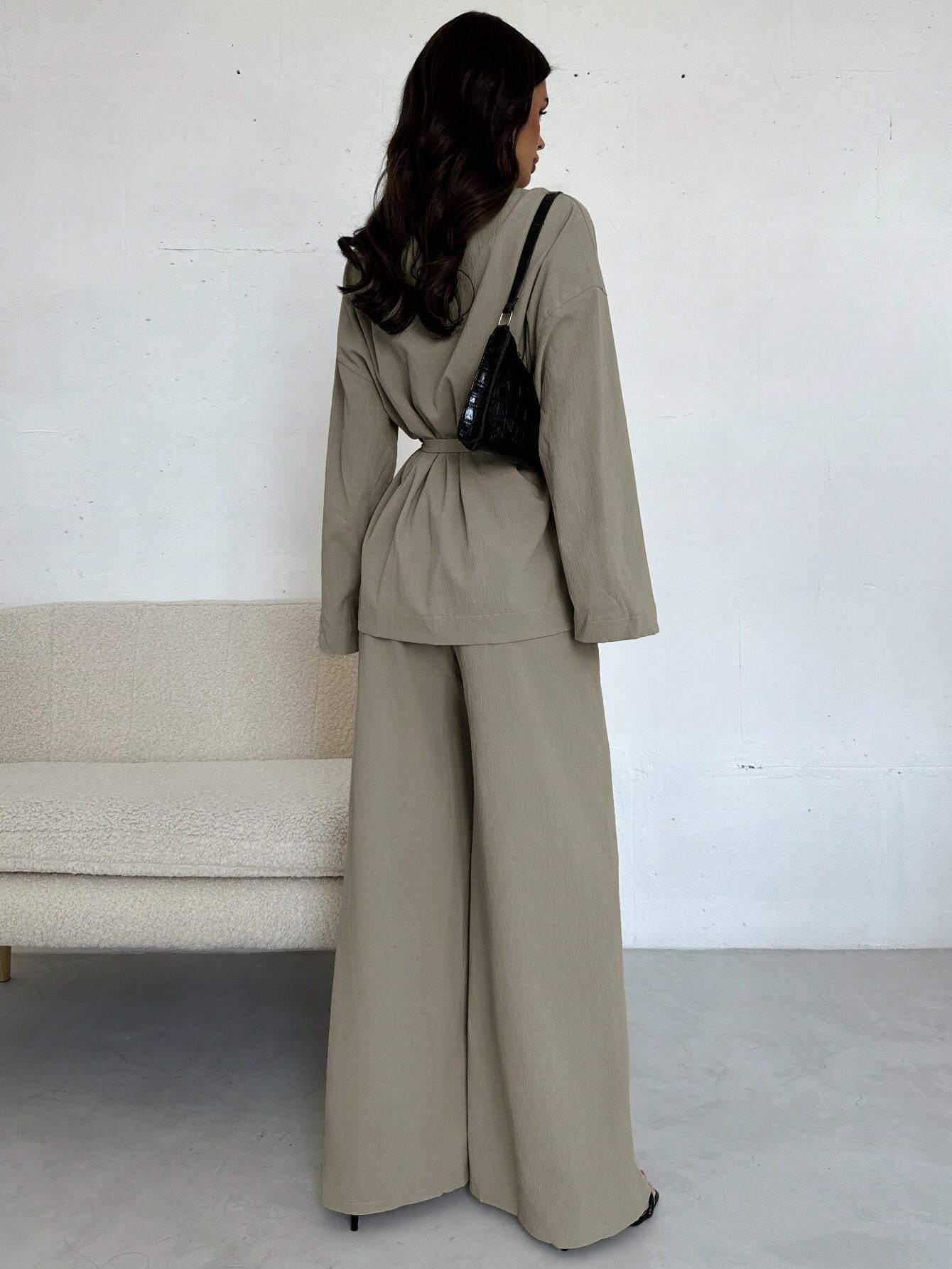 Women Collar Tie Waist Loose Shacket With High Waist Soft Pants shein