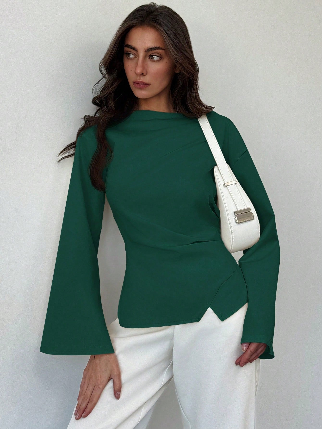 Aloruh Scoop Neck Flared Sleeve Cropped Office Lady Blouse shein