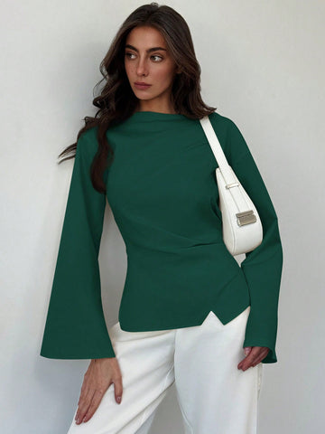 Aloruh Scoop Neck Flared Sleeve Cropped Office Lady Blouse