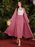 Najma 2 Pcs Set: Solid Color Long Sleeve Open Front Jacket & Wrap Around Midi Skirt shein
