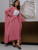 Najma 2 Pcs Set: Solid Color Long Sleeve Open Front Jacket & Wrap Around Midi Skirt shein