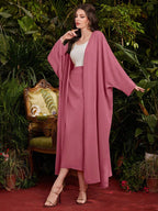 Najma 2 Pcs Set: Solid Color Long Sleeve Open Front Jacket & Wrap Around Midi Skirt shein