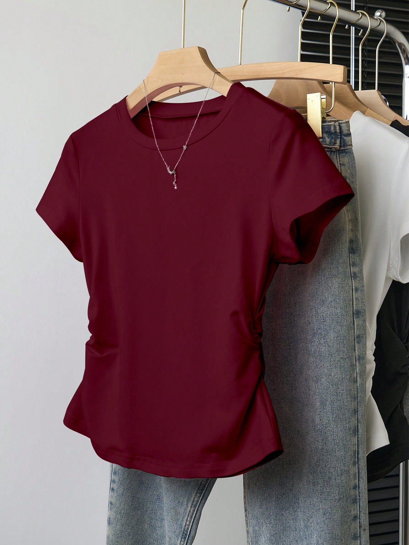 INAWLY Women Solid Color Short Sleeve T-Shirt shein