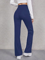 EZwear Wide Waistband Flare Leg Pants shein