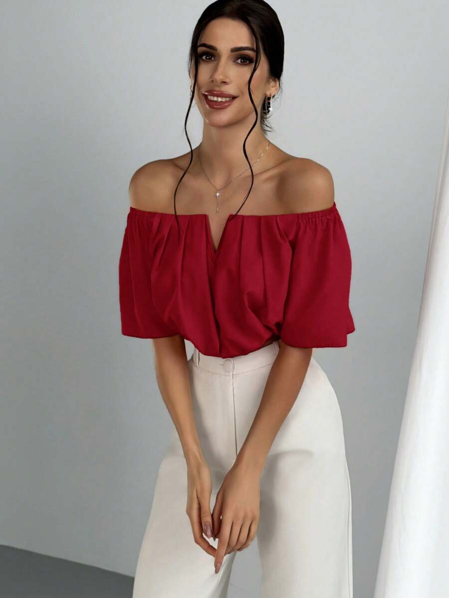Women's Summer Solid Color Off Shoulder V Neck And Elastic Waist Blouse shein