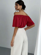 Women's Summer Solid Color Off Shoulder V Neck And Elastic Waist Blouse shein