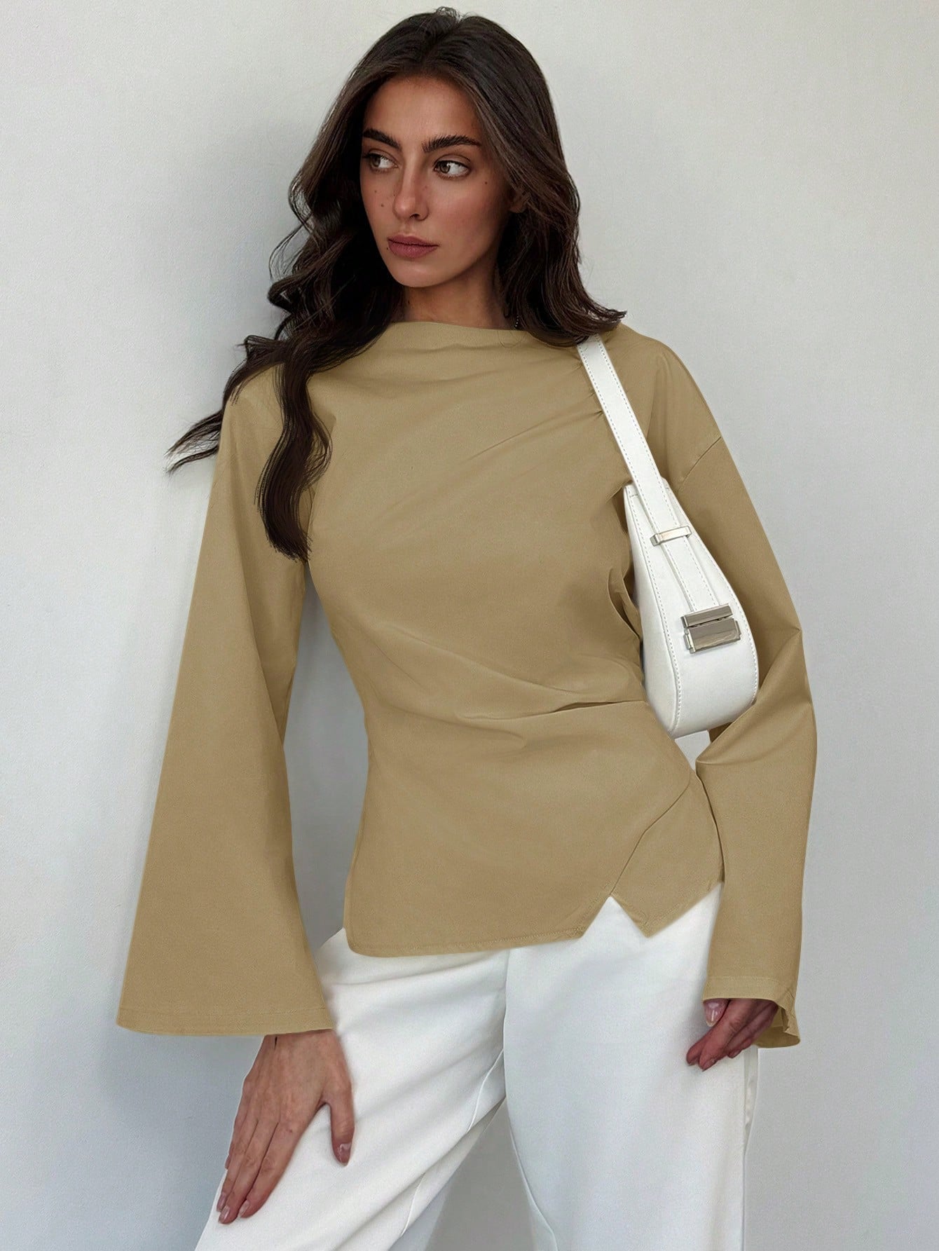 Aloruh Scoop Neck Flared Sleeve Cropped Office Lady Blouse shein