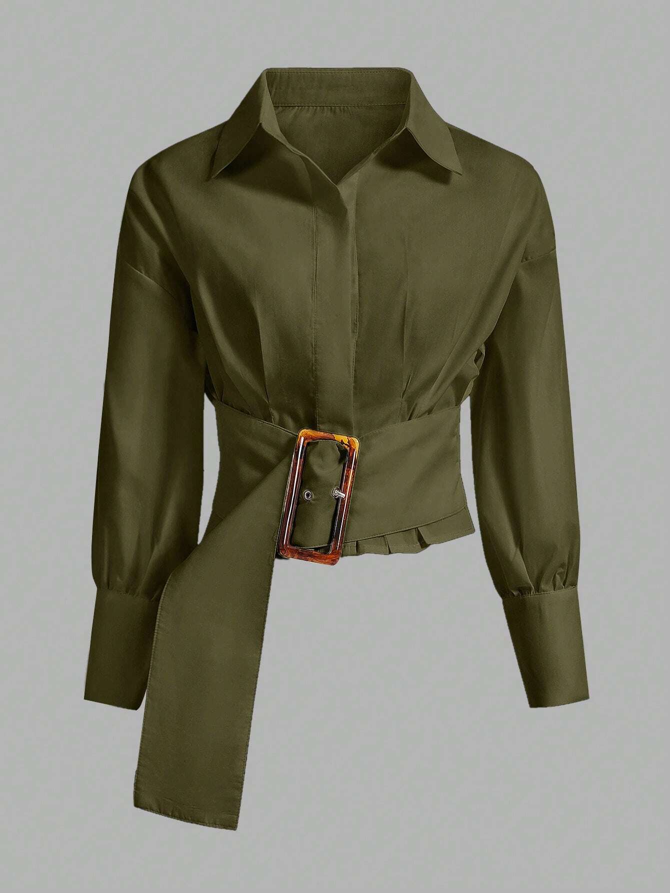 Aveloria Modichic Solid Color Pleated Decorated Buttoned Long Sleeve Shirt shein