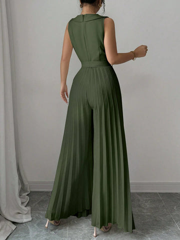 Elenzga Women's Elegant Double-Breasted Pleated Jumpsuit