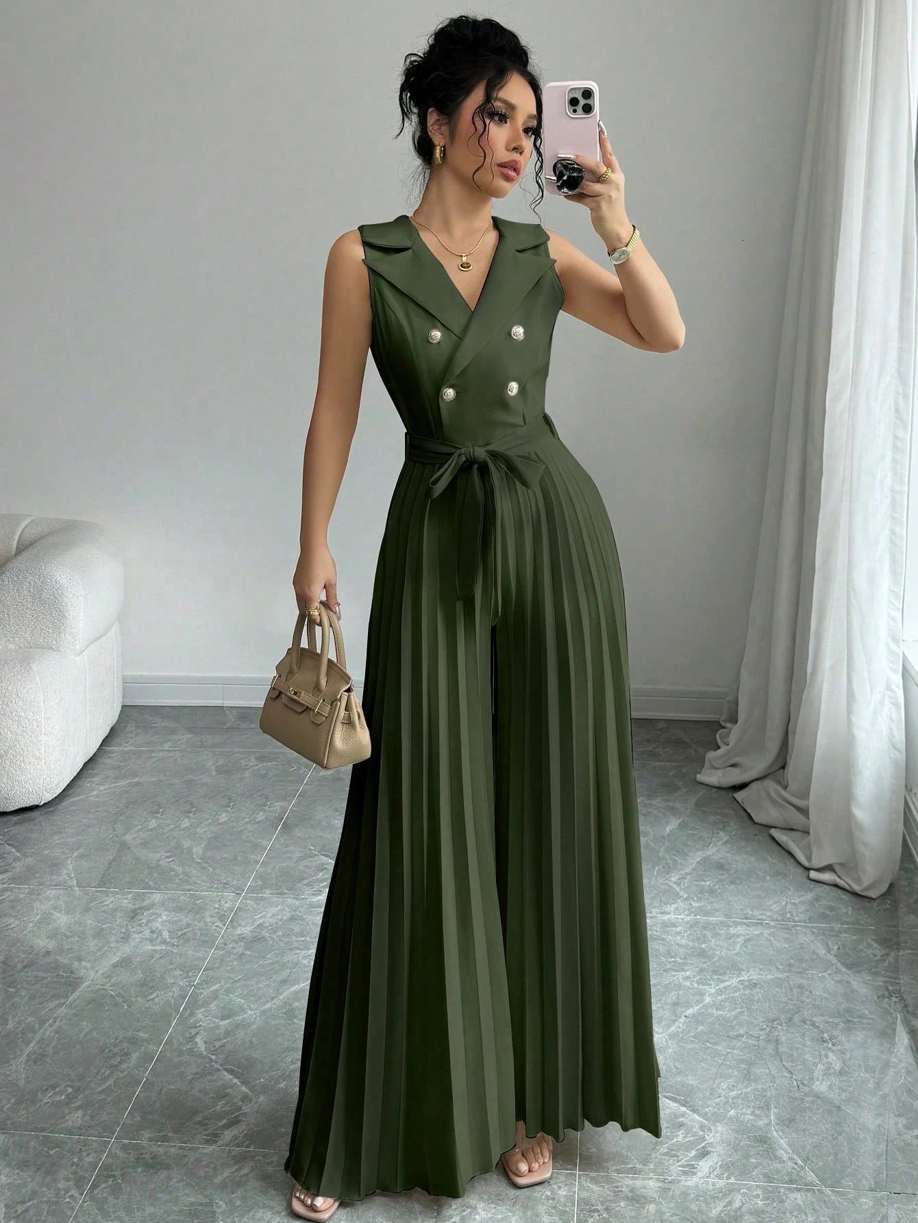 Elenzga Women's Elegant Double-Breasted Pleated Jumpsuit