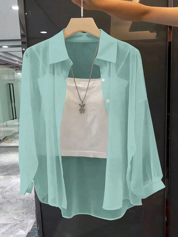 ChicEase Basic Transparent Plain Simple Collared Shirt
