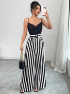 Women's Elegant Solid Color Lapel Strap Contrast Striped Waist Tie Bow Elegant Jumpsuit shein