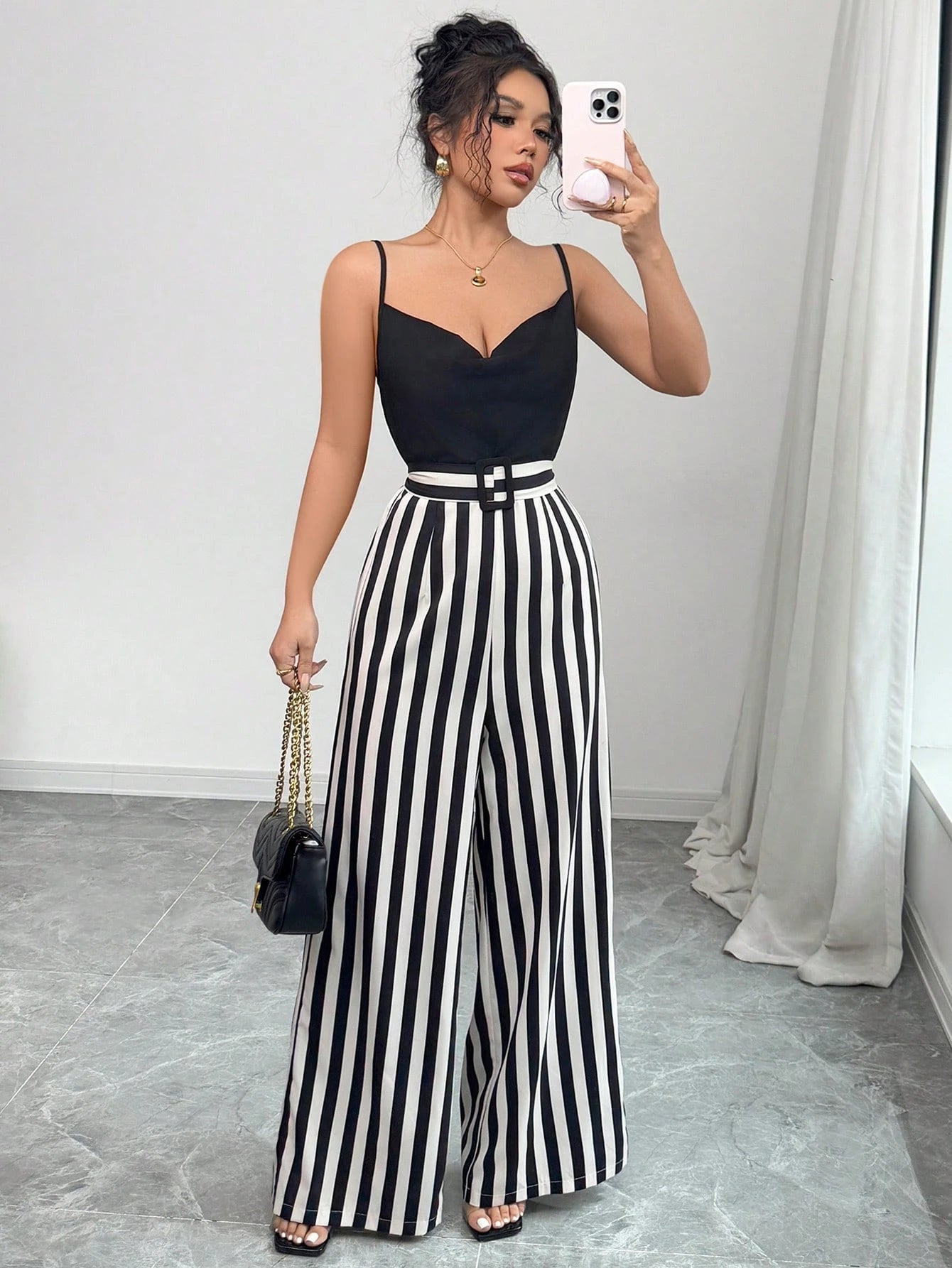 Women's Elegant Solid Color Lapel Strap Contrast Striped Waist Tie Bow Elegant Jumpsuit