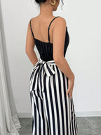 Women's Elegant Solid Color Lapel Strap Contrast Striped Waist Tie Bow Elegant Jumpsuit shein