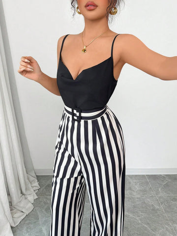Women's Elegant Solid Color Lapel Strap Contrast Striped Waist Tie Bow Elegant Jumpsuit