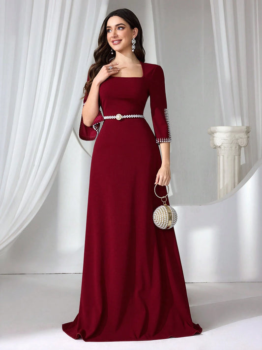 Women's Formal Evening Gown, Wedding Guest Dress Bodycon Beaded Knit Red Elegant Dress