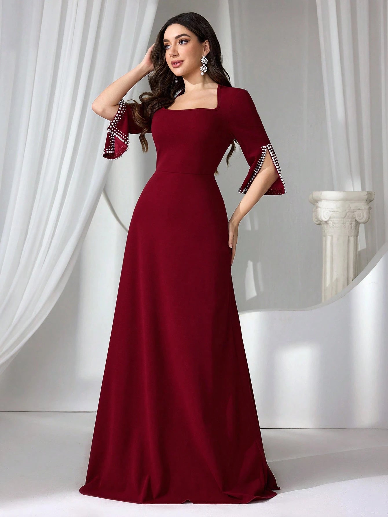 Women's Formal Evening Gown, Wedding Guest Dress Bodycon Beaded Knit Red Elegant Dress