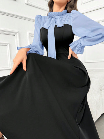 Modely Women's Elegant Ruffle Trim Color Block Tie Waist Dress With Flouncy Cuffs