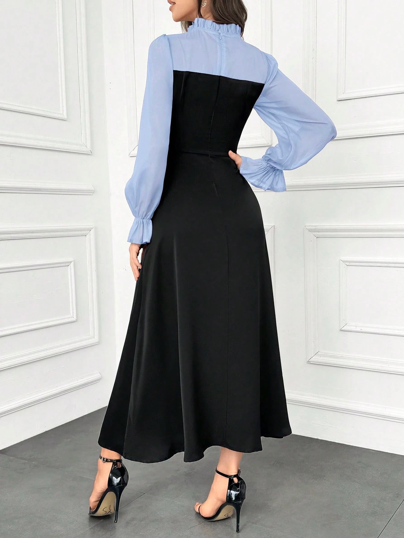 Modely Women's Elegant Ruffle Trim Color Block Tie Waist Dress With Flouncy Cuffs shein