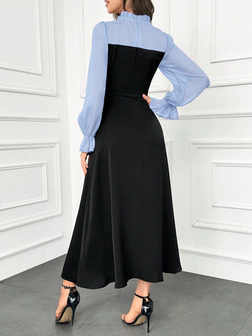 Modely Women's Elegant Ruffle Trim Color Block Tie Waist Dress With Flouncy Cuffs