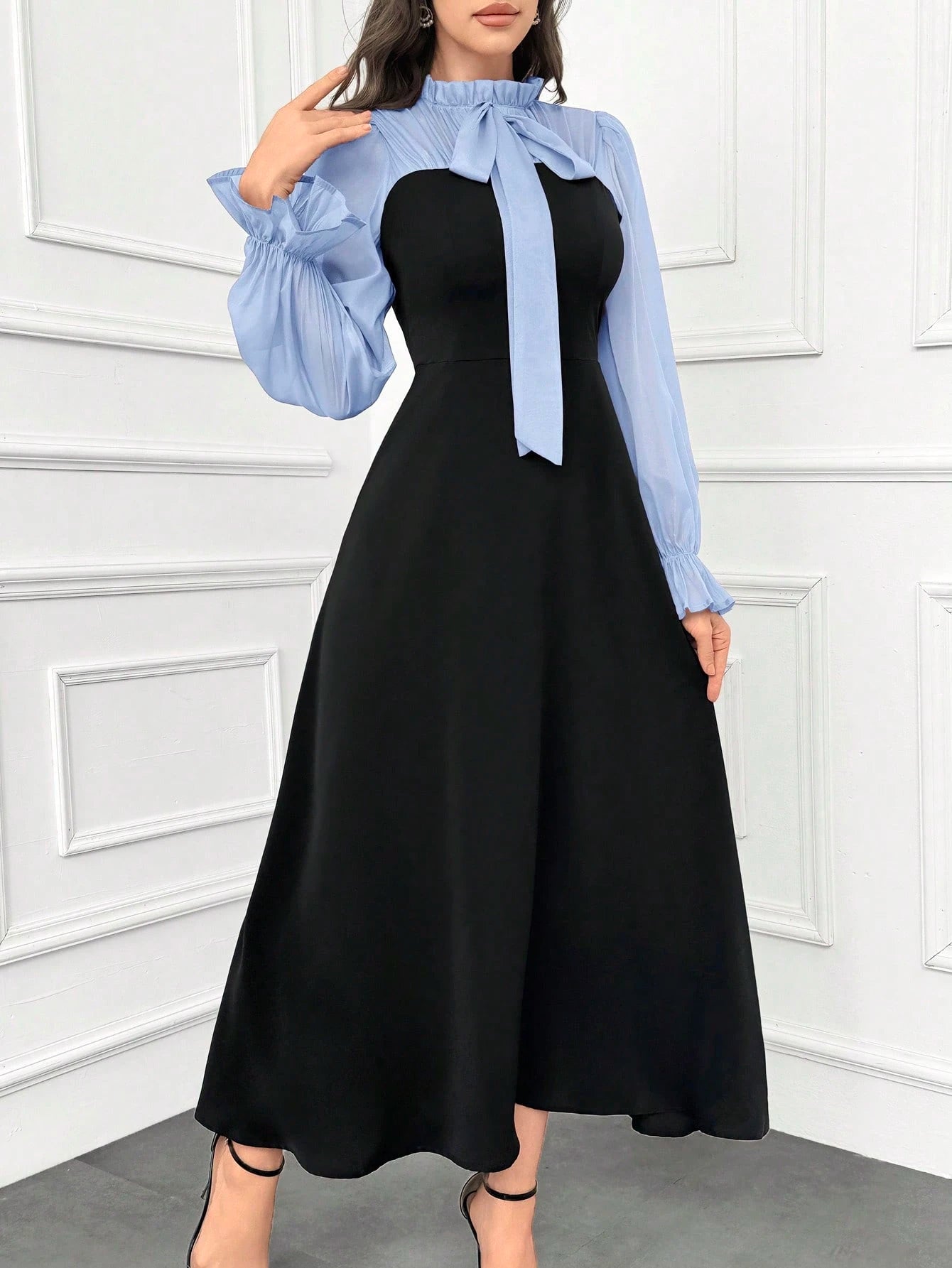 Modely Women's Elegant Ruffle Trim Color Block Tie Waist Dress With Flouncy Cuffs shein
