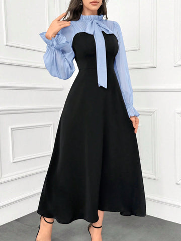 Modely Women's Elegant Ruffle Trim Color Block Tie Waist Dress With Flouncy Cuffs