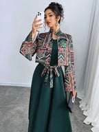 Women's Front Tie Long Sleeve Printed Casual Jacket And Mini Dress Arabic Outfit Set shein