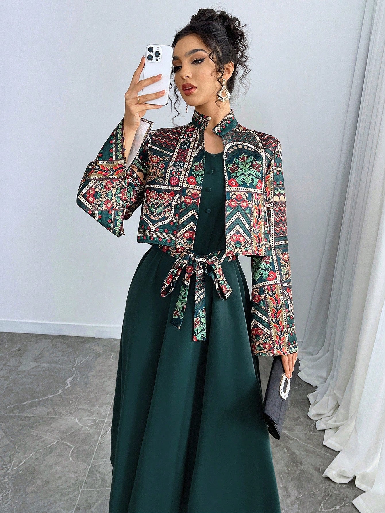 Women's Front Tie Long Sleeve Printed Casual Jacket And Mini Dress Arabic Outfit Set shein