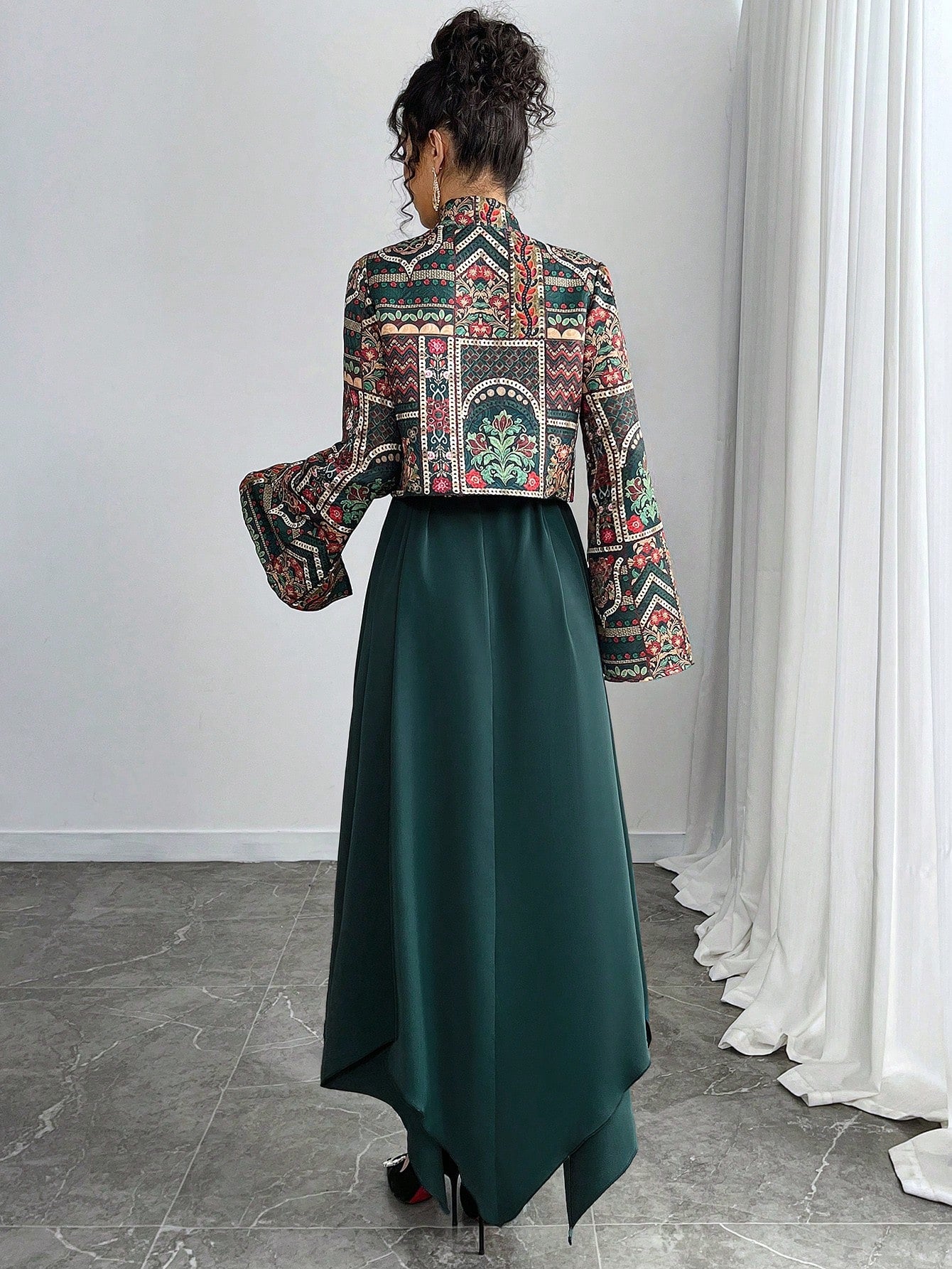 Women's Front Tie Long Sleeve Printed Casual Jacket And Mini Dress Arabic Outfit Set shein