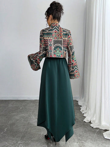 Women's Front Tie Long Sleeve Printed Casual Jacket And Mini Dress Arabic Outfit Set