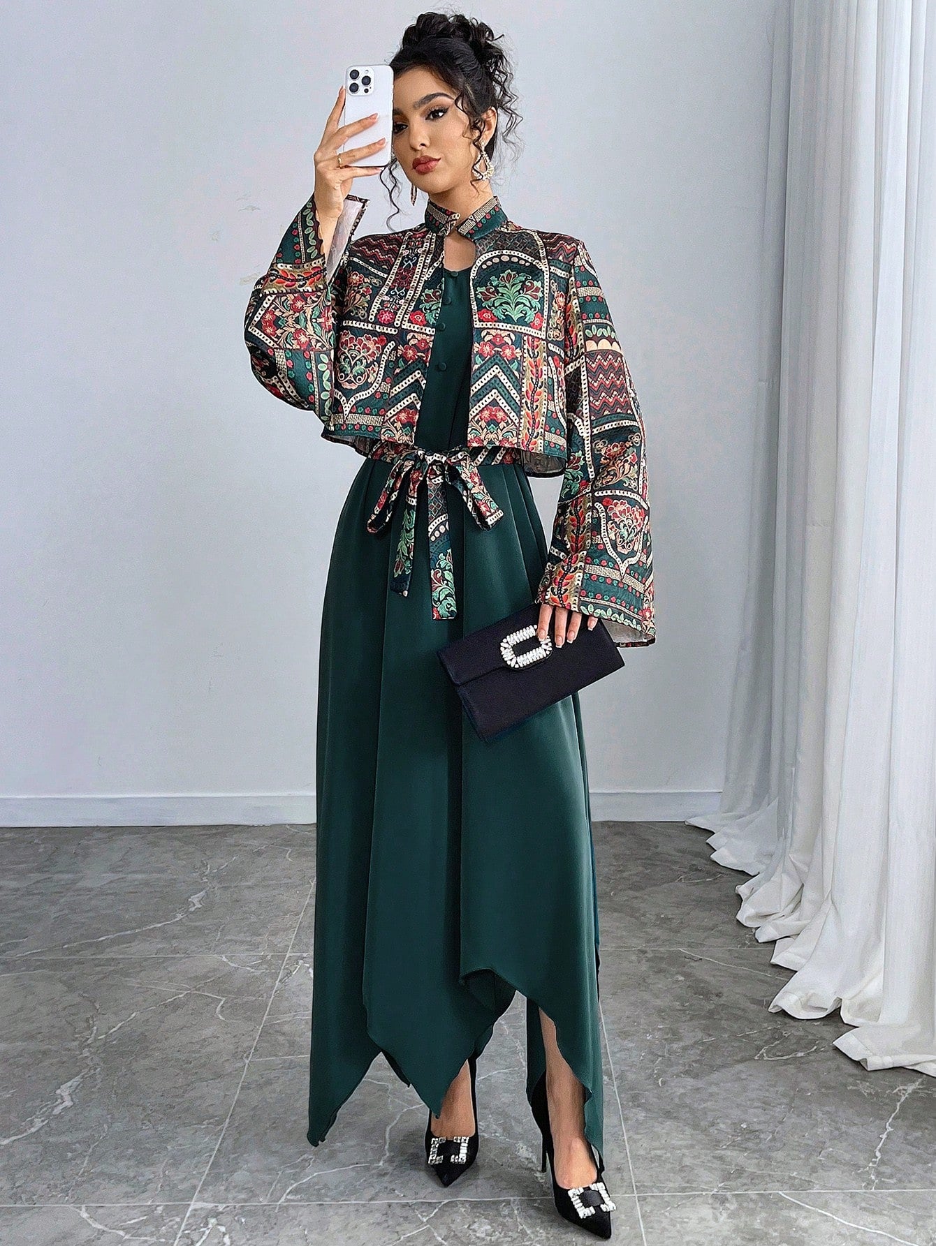 Women's Front Tie Long Sleeve Printed Casual Jacket And Mini Dress Arabic Outfit Set shein