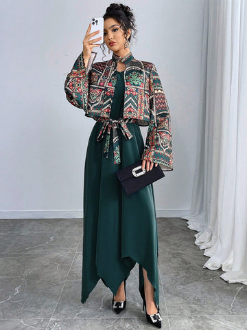 Women's Front Tie Long Sleeve Printed Casual Jacket And Mini Dress Arabic Outfit Set