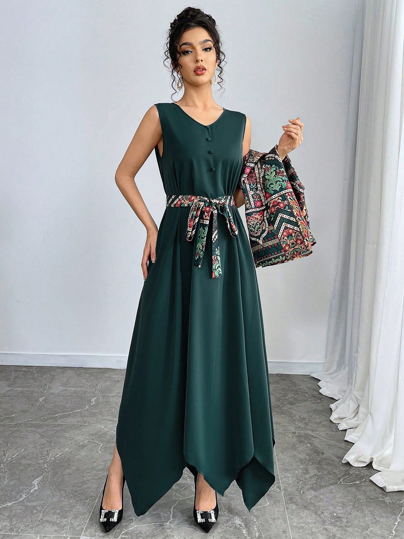 Women's Front Tie Long Sleeve Printed Casual Jacket And Mini Dress Arabic Outfit Set shein