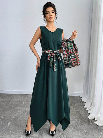 Women's Front Tie Long Sleeve Printed Casual Jacket And Mini Dress Arabic Outfit Set