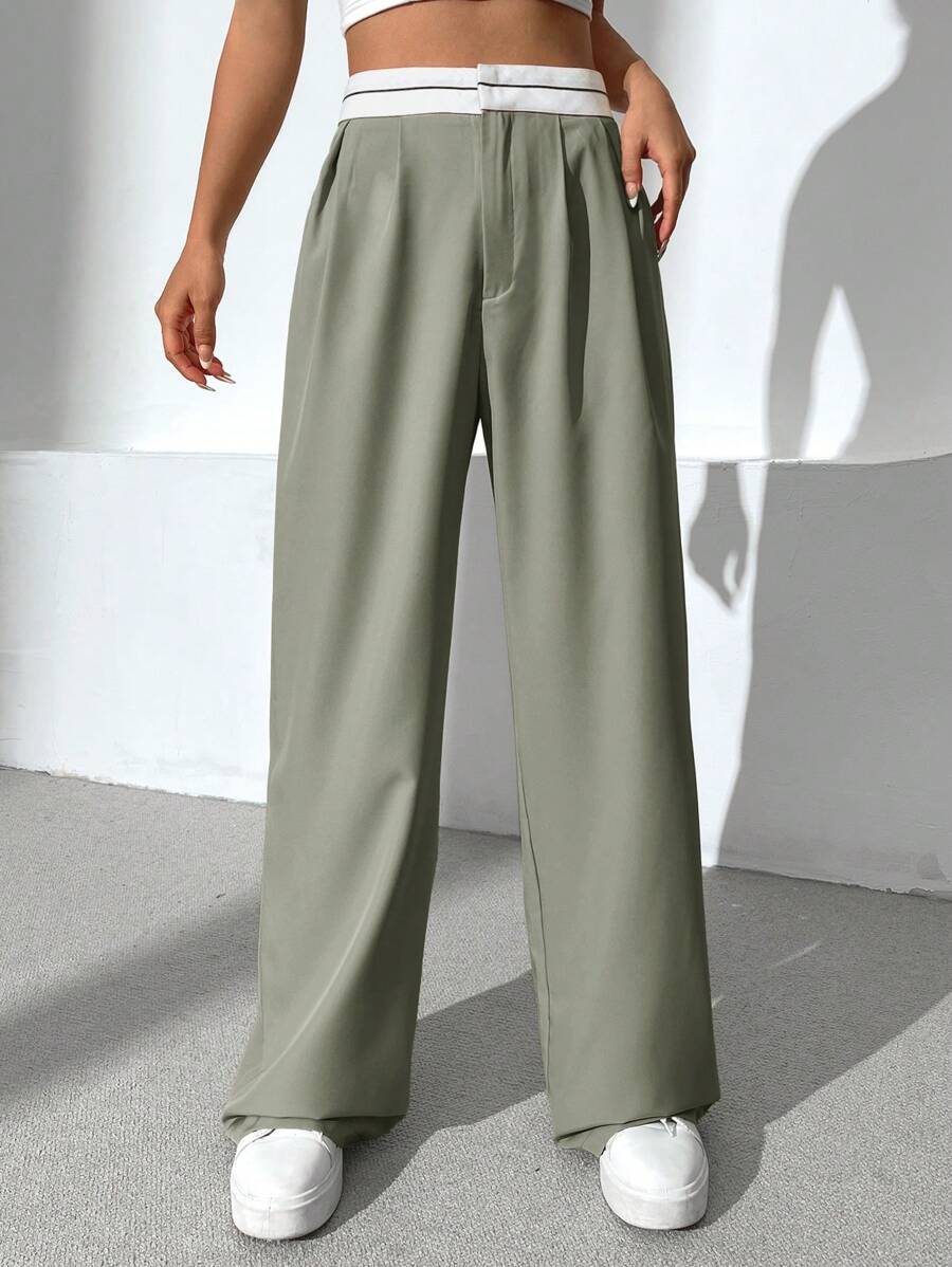 EZwear Contrast Panel Wide Leg Pants shein