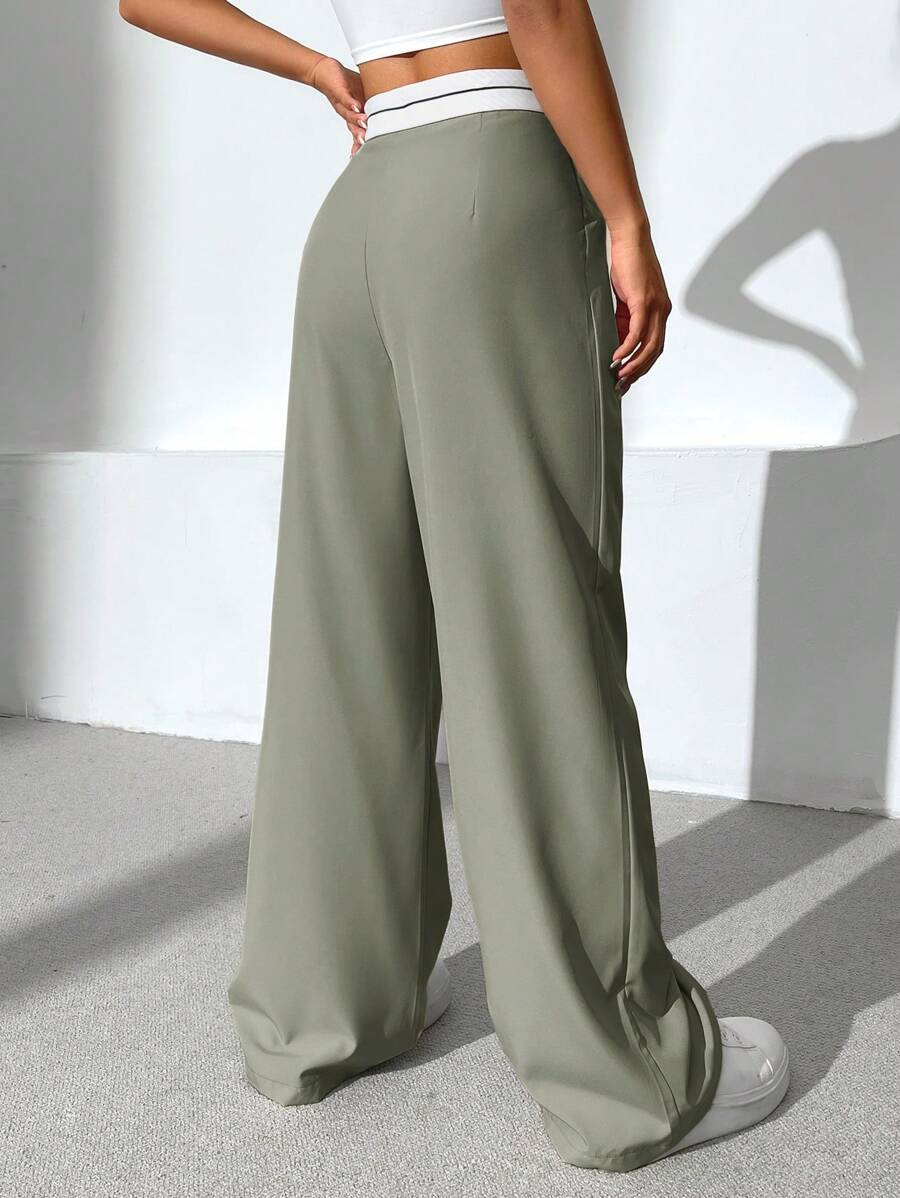 EZwear Contrast Panel Wide Leg Pants shein