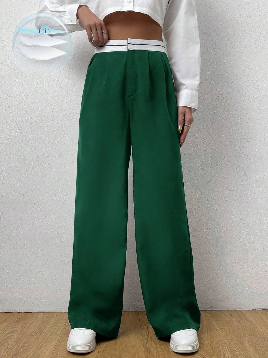 EZwear Contrast Panel Wide Leg Pants shein