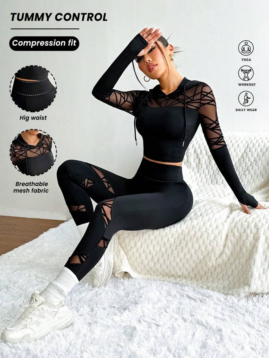 Studio Flocked & Mesh Patchwork Drawstring Hoodie And Pants Seamless Sports Suit