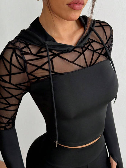 Studio Flocked & Mesh Patchwork Drawstring Hoodie And Pants Seamless Sports Suit