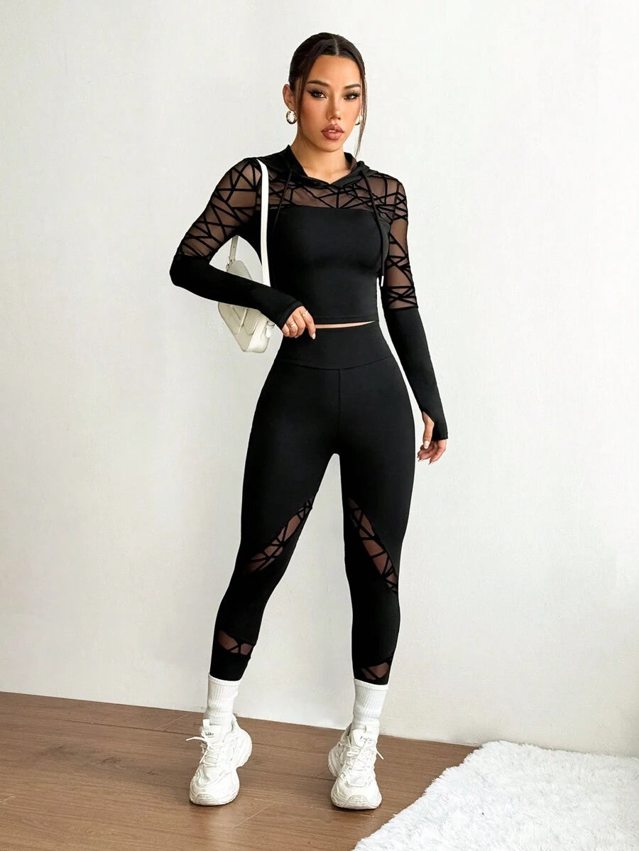Studio Flocked & Mesh Patchwork Drawstring Hoodie And Pants Seamless Sports Suit