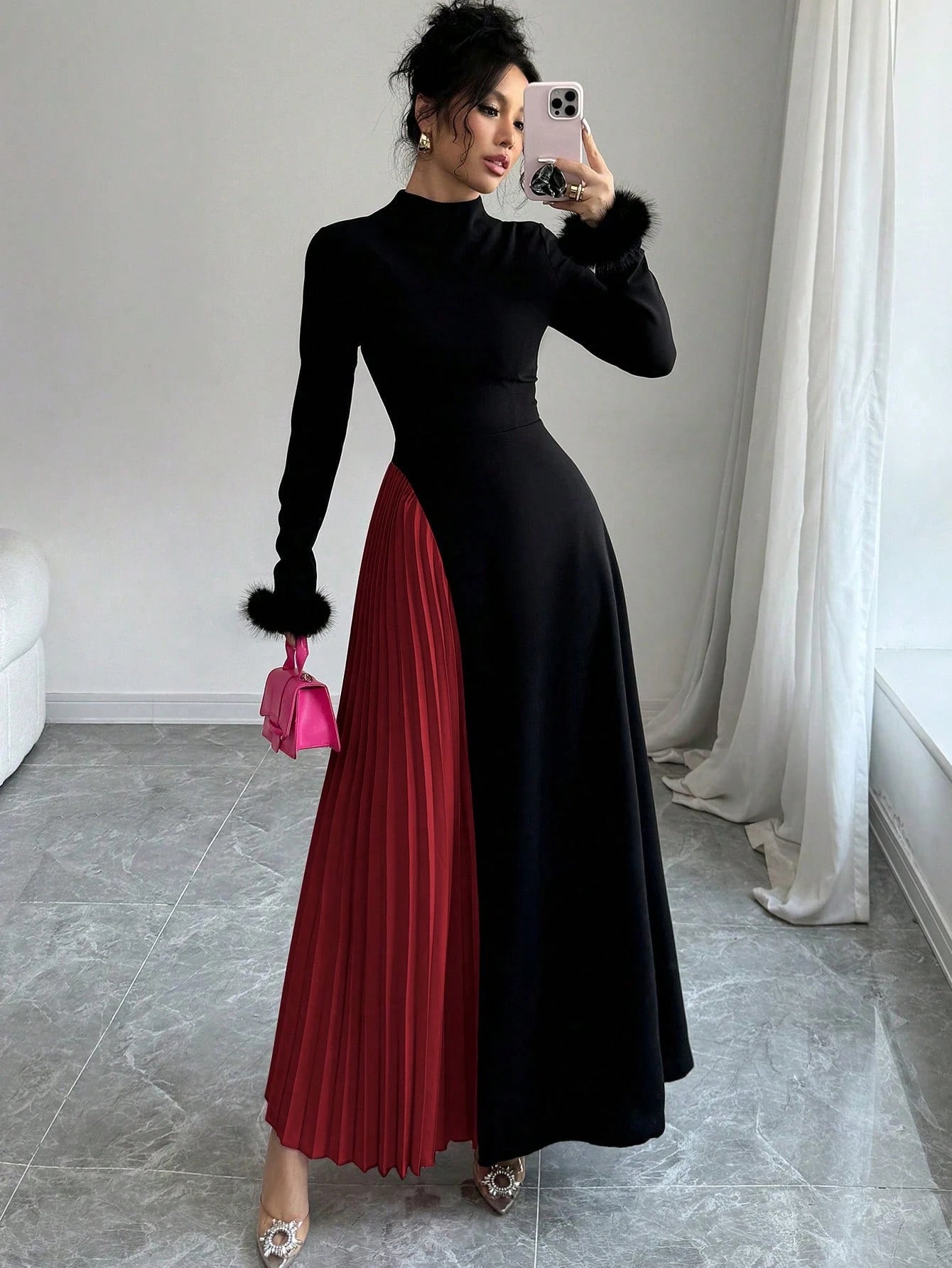 Modely Women's Elegant Knitted Black Color Block Pleated A-Line Dress Maxi shein