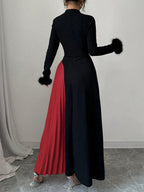 Modely Women's Elegant Knitted Black Color Block Pleated A-Line Dress Maxi shein