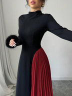 Modely Women's Elegant Knitted Black Color Block Pleated A-Line Dress Maxi shein